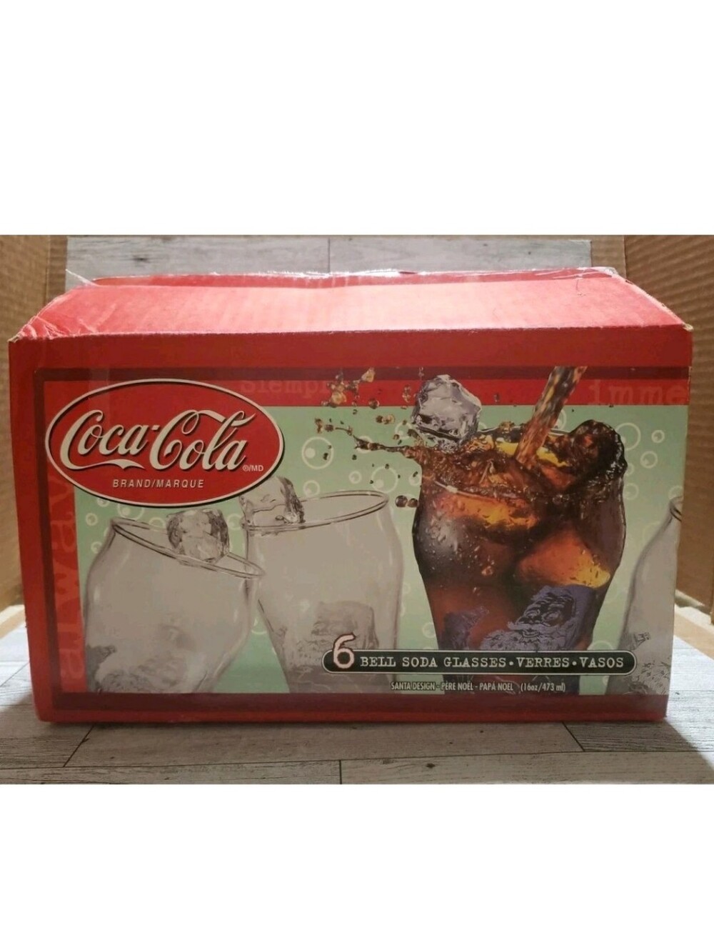 Vtg 1999 Indiana Glass Santa Coca-Cola Bell Soda Glasses Boxed Set Of 6 Etched